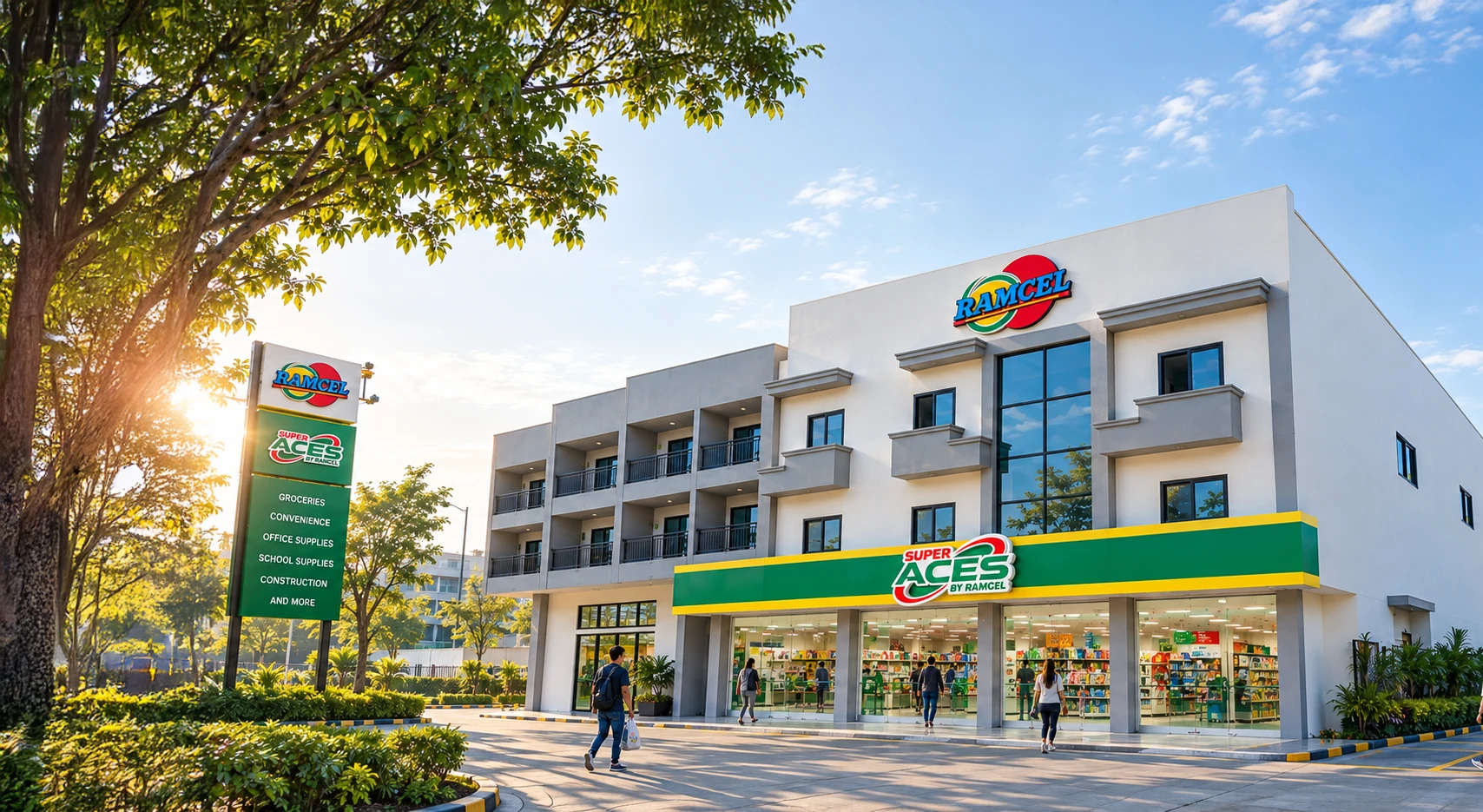 RAMCEL building with a Super Aces by RAMCEL store on the ground floor